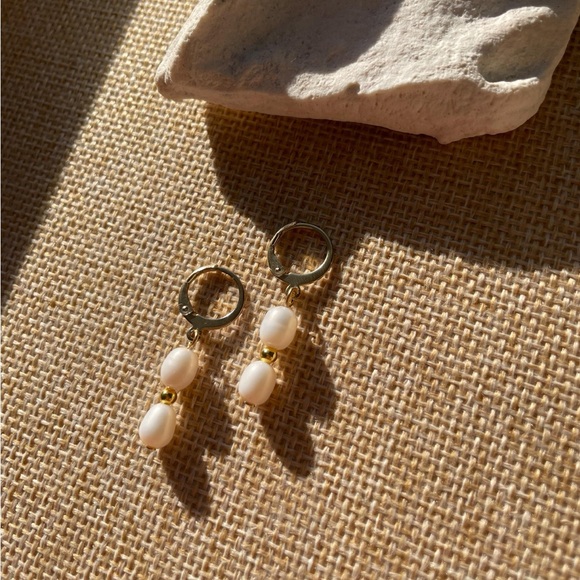 Jewelry - Stainless Steel Gold and White Pearl Drop Earrings